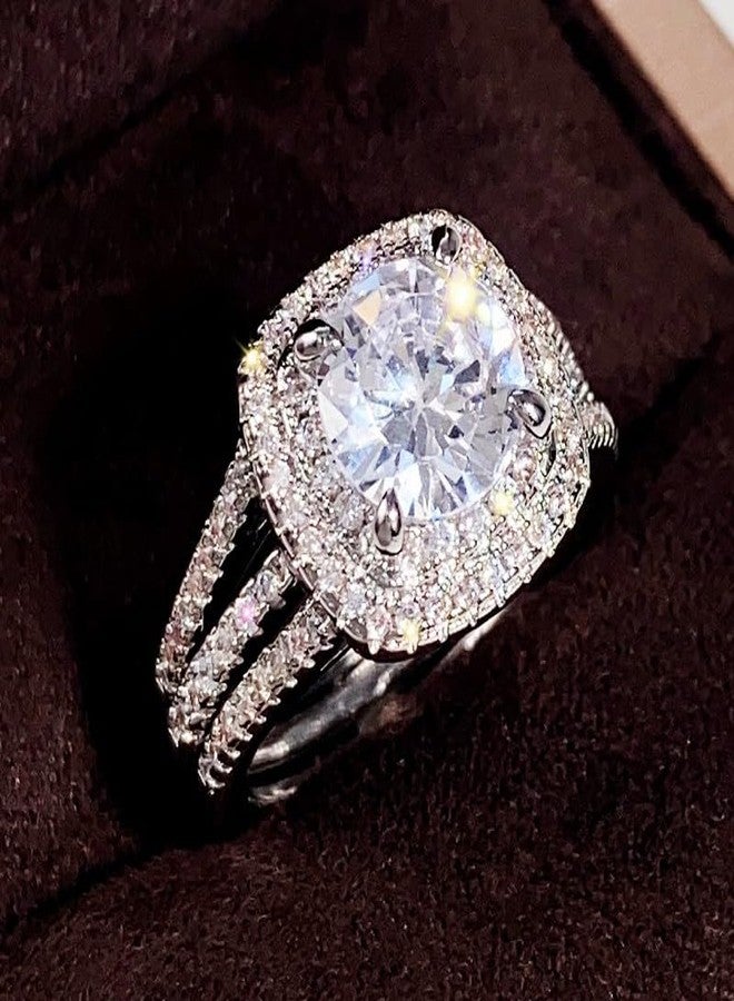 EUJHRTM 925 Sterling Silver Fashion Ring Set Engagement Anniversary Promise Ring Bridal Set Jewelry Classic Women's Ring Set Diamond Shining Halo Bridal Set Wedding Ring Size 7 - Image 3